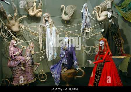 Dolls from puppet shows based on Hans Christian Andersen fairytales exhibit. Scene from 'The Wild Swans' story. Stock Photo