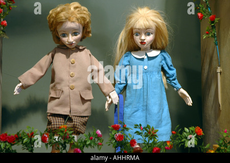 Dolls from puppet shows based on Hans Christian Andersen fairytales exhibit. Scene from 'The Snow Queen' fair Stock Photo