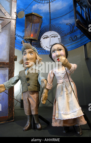 Dolls from puppet shows based on Hans Christian Andersen fairytales exhibit. Scene from 'The Snow Queen' fair Stock Photo