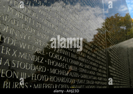 Engravings of names of war dead at the Vietnam Veterans Memorial on The Mall Washington DC, USA Stock Photo