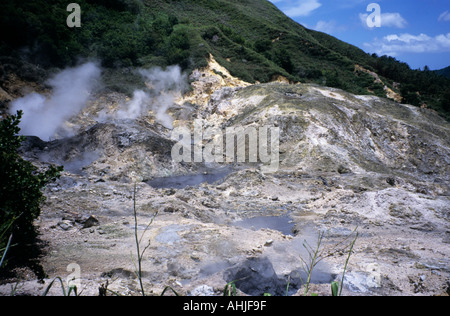 Hot springs, steam and sulphuric gases in Sulphur Springs 'the world's only drive in volcano'. Soufriere, St. Lucia. Stock Photo