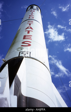 Huge United States Mercury-Redstone rocket on display in Rocket Park at NASA's Lyndon B. Johnson Space Center. Houston, Texas, USA. Stock Photo