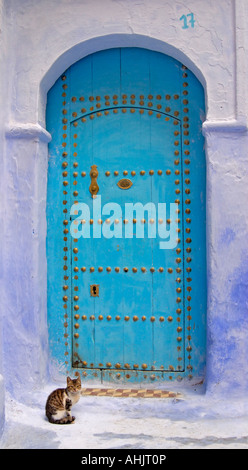 Blue Door in the Streets of the Chefchaouen (Chaouen) Medina, Morocco Stock Photo