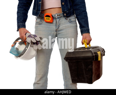 Woman holding a hard hat and tool box Stock Photo