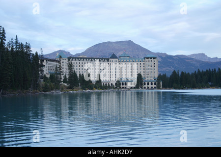 Chateau Lake Louise and Canadian Rockies reflected in Lake Louise  September 2006 Stock Photo