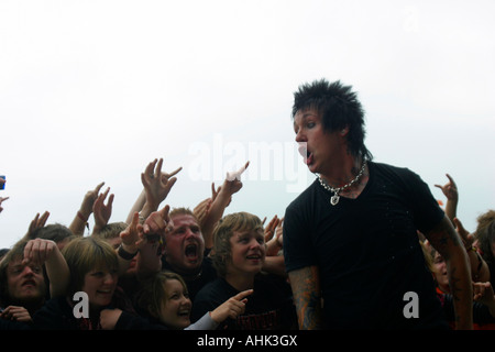 Jacoby Shaddix, lead vocalist, Papa Roach, Rock band, from Vacaville California, vocals, singer, musician, music, group, perform, performer, Jacoby Shaddix, vocals, Jerry Horton, guitar, Tobin Esperence, bass, Dave Buckner, drums, Download Rock Festival, Donnington Park, Leicestershire, UK Stock Photo