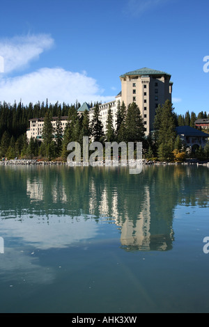 Chateau Lake Louise reflected in Lake Louise Canadian Rockies  September 2006 Stock Photo