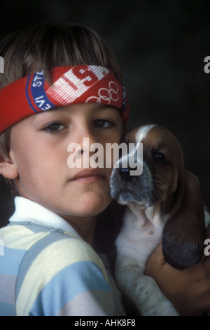 Young boy with Pet Hunting Dog Stock Photo