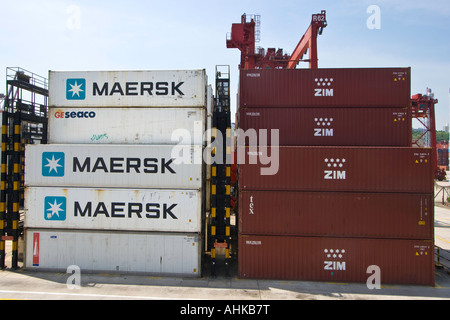 Maersk and Zim Shipping Containers Modern Terminals Hong Kong Docks Stock Photo