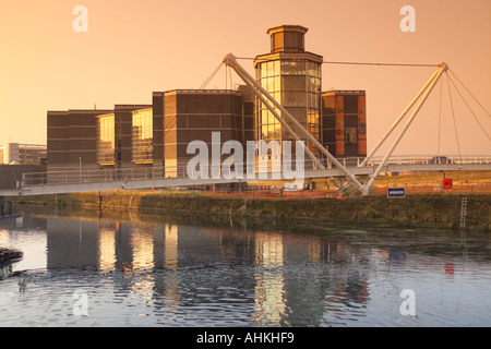 Sunrise on Royal Armouries National Museum at Clarence dock development Leeds Liverpool Canal River Aire Leeds UK Stock Photo