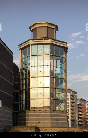 Sunrise on tower Royal Armouries National Museum at Clarence dock development Leeds Liverpool Canal River Aire Leeds UK Stock Photo