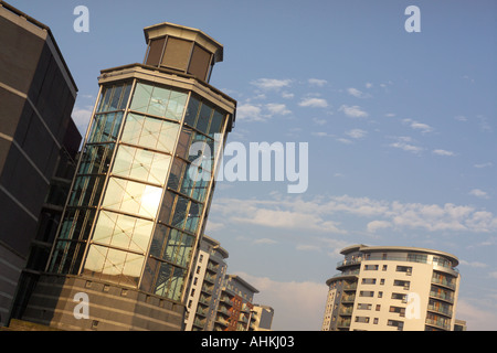 Sunrise on tower Royal Armouries National Museum at Clarence dock development Leeds Liverpool Canal River Aire Leeds UK Stock Photo