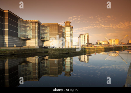 Sunrise on Royal Armouries National Museum at Clarence dock development Leeds Liverpool Canal River Aire Leeds UK Stock Photo