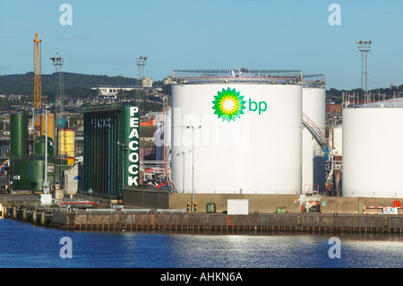BP oil tanks Aberdeen Harbour, Aberdeen, Scotland Stock Photo