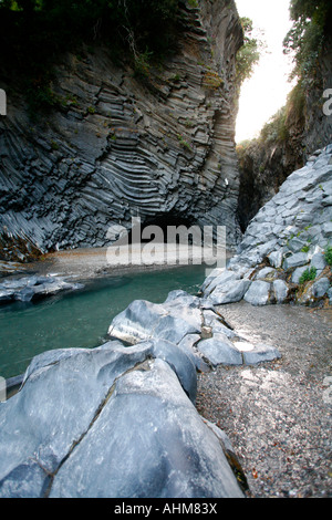 Basaltic columns at Gole d Alcantara Natural Park basaltic gorge formed by the volcanic activity of Etna Sicily Italy Stock Photo