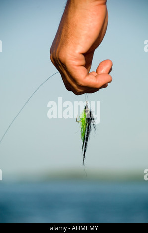 Florida Keys Close up of fly- fisherman holding fly in hand while fly- fishing in the Caribbean ocean Stock Photo