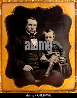 Photography ambrotype portrait of father and son circa 1850 60 Stock Photo