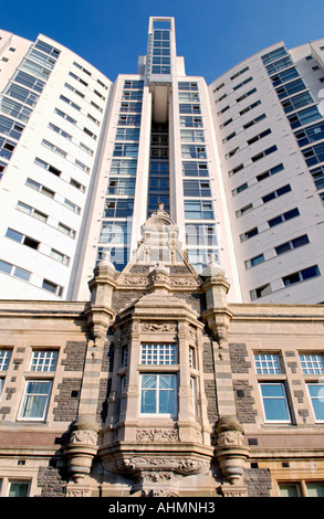 Altolusso apartment building Cardiff city centre South Wales UK GB Designed around original Victorian facade of New College Stock Photo