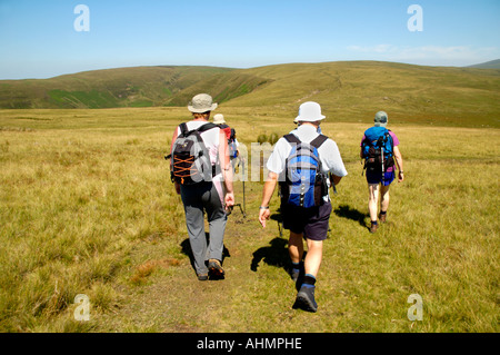 Guided walking group on footpath over open mountaintop moorland on Fan Lila in the Brecon Beacons National Park Stock Photo