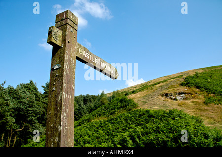 Fingerpost direction sign on footpath to the iron age Twmbarlwm Hill Fort at Cwmcarn Forest Drive Caerphilly South Wales UK Stock Photo