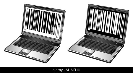 Opened laptop with bar codes Stock Photo