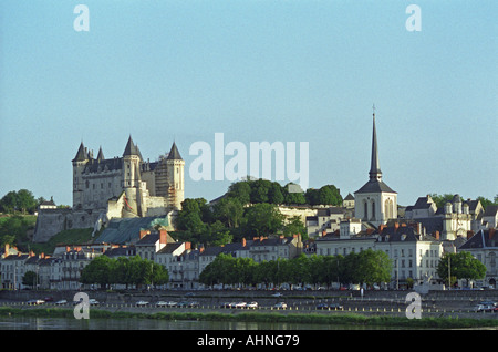The Chateau de Saumur on the south bank of the Loire in the town Saumur, once inhabited by Anne d'Anjou, as seen from the bridge crossing the river., Maine et Loire, France Stock Photo