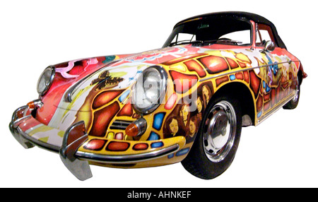 psychedelic Porsche auto coupe classic car automobile bizarre art paint work sport multi decorated summer of love Stock Photo
