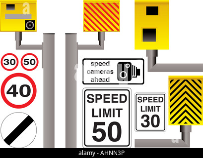 Illustrated speed camera selection with additional limit signs and warnings Stock Photo