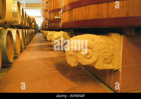 Oak barrels and big foudre fermentation vats in the winery, the plinth decorated with the winery symbol the boar, Chateau Puech-Haut, Saint-Drezery, Coteaux du Languedoc, Languedoc-Roussillon, France Stock Photo