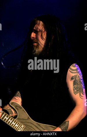 Gregor Mackintosh, Lead Guitarist, Paradise Lost, Heavy Metal band, from Halifax, Yorkshire, musician, music, artist, long hair, tattoo, axeman, Nick Holmes, vocals, Gregor Mackintosh, lead guitar, Aaron Aedy, Rhythm Guitar, bald, Steve Edmondson, bass, Jeff Singer, drums, Download Rock Festival, Donnington Park, Leicestershire, UK Stock Photo