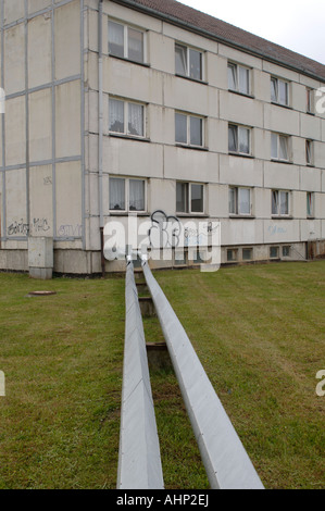 Socialist era poor housing in the former East German town of Greifswald Stock Photo
