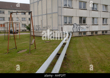 Socialist era poor housing in the former East German town of Greifswald Stock Photo