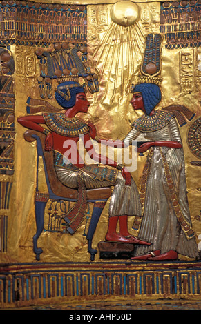Ancient Egyptian golden throne Found in Tutankhamun s tomb Depicts wife Ankhesenpaaten Egyptian Museum Cairo Egypt Stock Photo