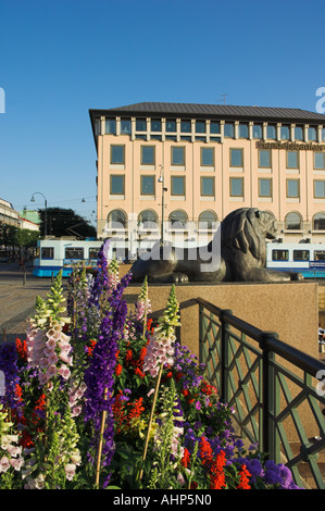 goteborg Gothenburg trams and flower beds in the city centre Sweden EU Europe Stock Photo