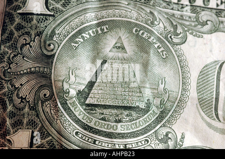 The back of a US One dollar bill detail with white background Old Money Stock Photo