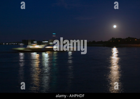 Ferry crossing in moonlight between Schoonhoven and Gelkenes Southern Holland The Netherlands Stock Photo