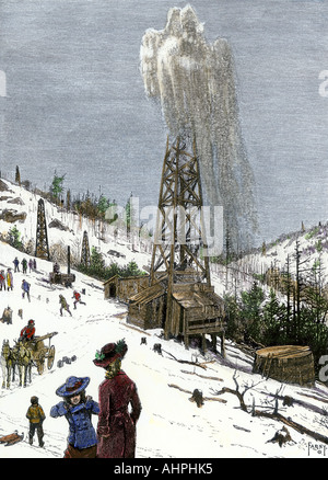 Early oil well gushing in Pennsylvania 1880s. Hand-colored woodcut Stock Photo