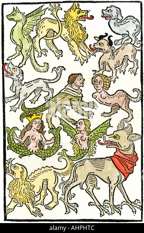 Medieval monsters of land sea and air from Puch der Natur printed in Augsburg 1478. Hand-colored woodcut Stock Photo