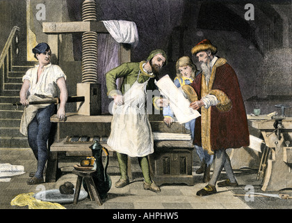 Johann Gutenberg examining a proof from his printing press in Mainz 1450s. Hand-colored steel engraving Stock Photo