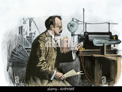 Physicist Joseph J Thomson studying radioactivity. Hand-colored halftone of an illustration Stock Photo