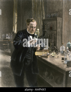 Louis Pasteur in his laboratory. Hand-colored photogravure of an illustration by Albert Edelfelt Stock Photo