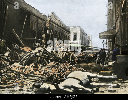 Ruins in Clay Street after the San Francisco earthquake 1906. Hand-colored halftone of a photograph Stock Photo