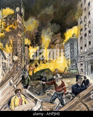 Fire raging in downtown San Francisco after the earthquake of 1906. Hand-colored halftone of an illustration Stock Photo
