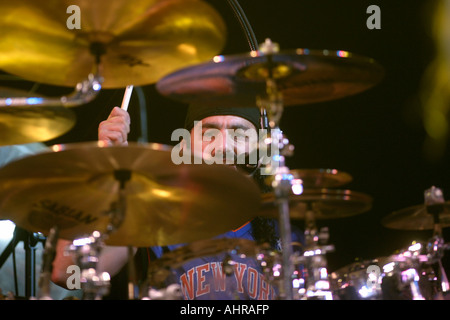 Mike Portnoy, drummer, Dream Theater, Progressive Heavy Metal band, from the US, John Petrucci, guitar, John Myung, bass, Mike Portnoy, drums, James Labrie, vocals, Jordan Rudess, keyboards, Download Rock Festival, Donnington Park, Leicestershire, UK Stock Photo