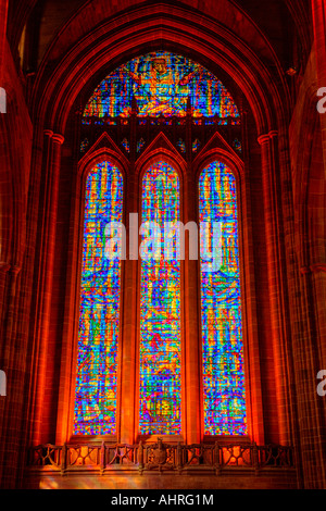 High dynamic range photo of stained glass windows in the stunning Liverpool Cathedral in Liverpool, England. Stock Photo