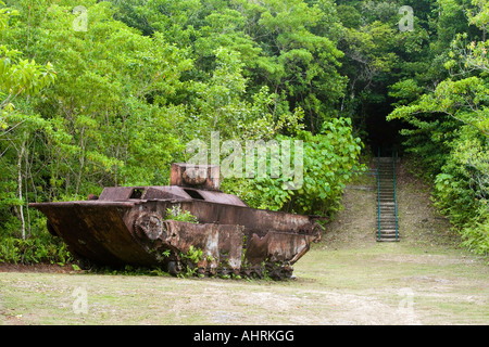 US Amphibious Landing Tank Relic and Steps to Japanese Cave on Bloody Nose Ridge Peleliu Republic of Palau Stock Photo
