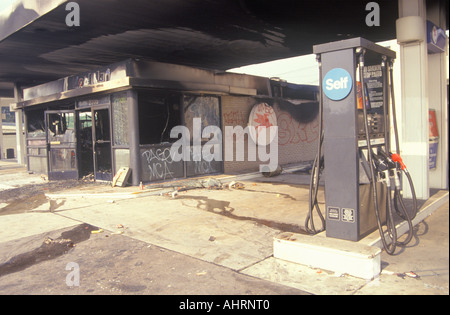 Gas station burned out during 1992 riots South Central Los Angeles California Stock Photo