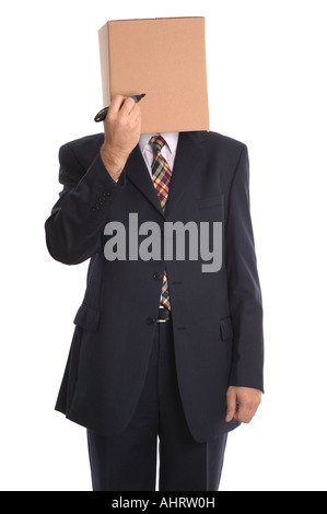 Concept businessman image Box Man with a marker pen draw your own face Stock Photo