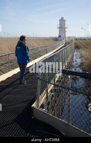 Woman on floating walkway made of rubber across reedbeds with lighthouse in background Newport wetlands Gwent Wales Stock Photo