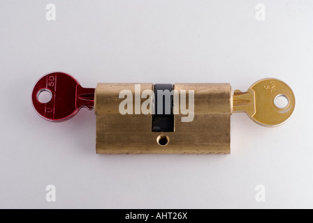 two keys (red key and gold key) and lock on white background Stock Photo